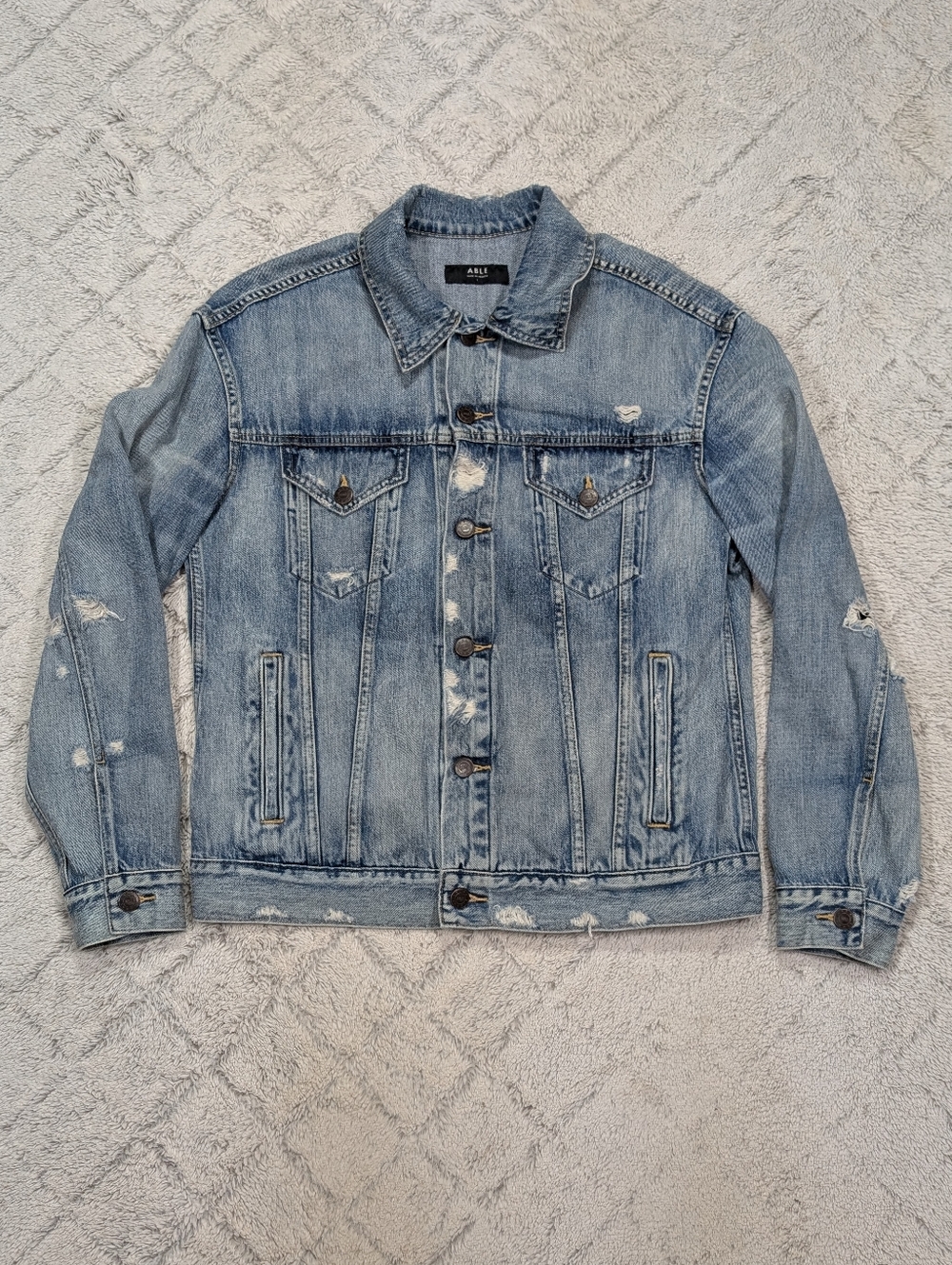 Able Jacket Womens L Blue Original Wash Merly Denim Distressed Cotton Blend